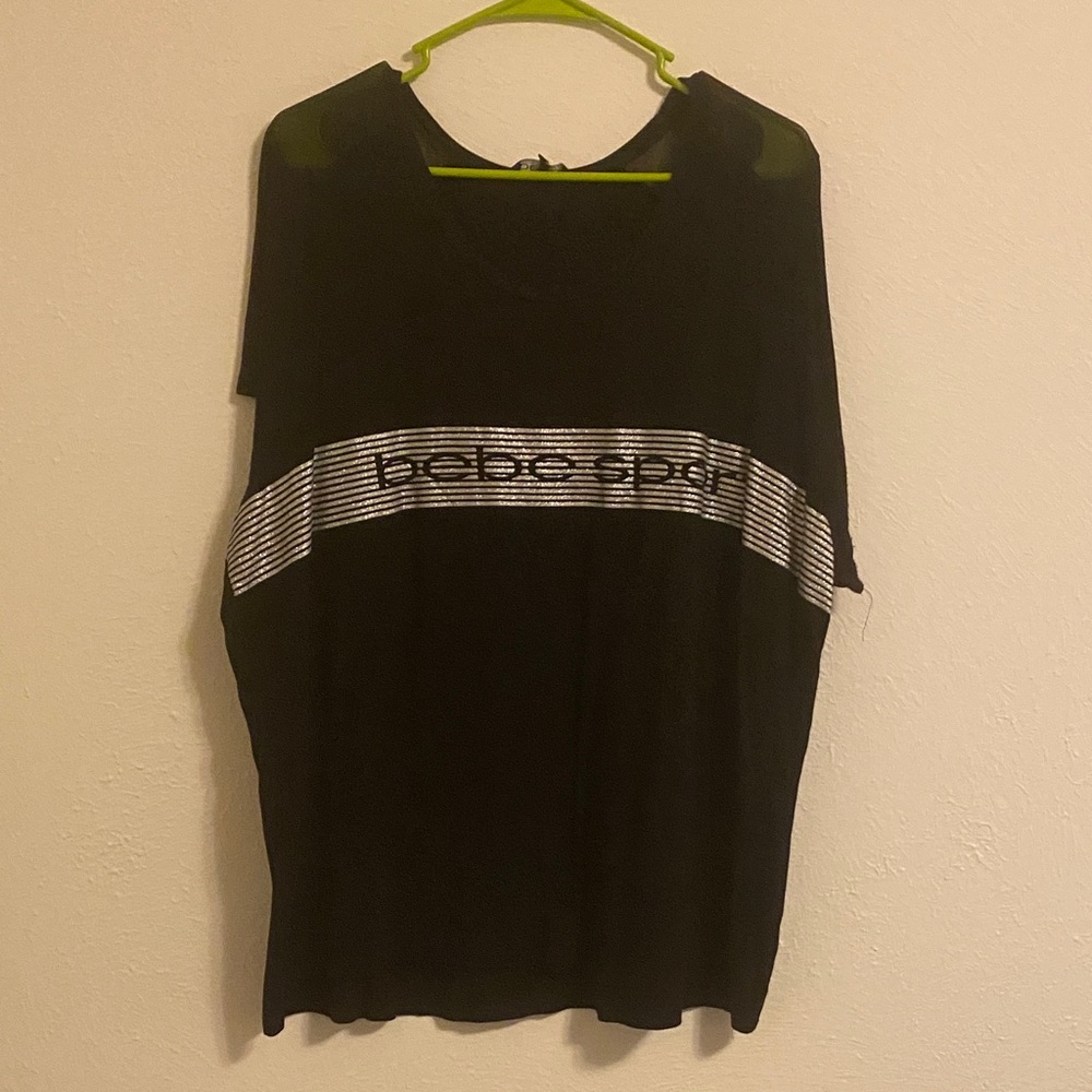 bebe Black Short Sleeve Tee with Silver Stripe Logo